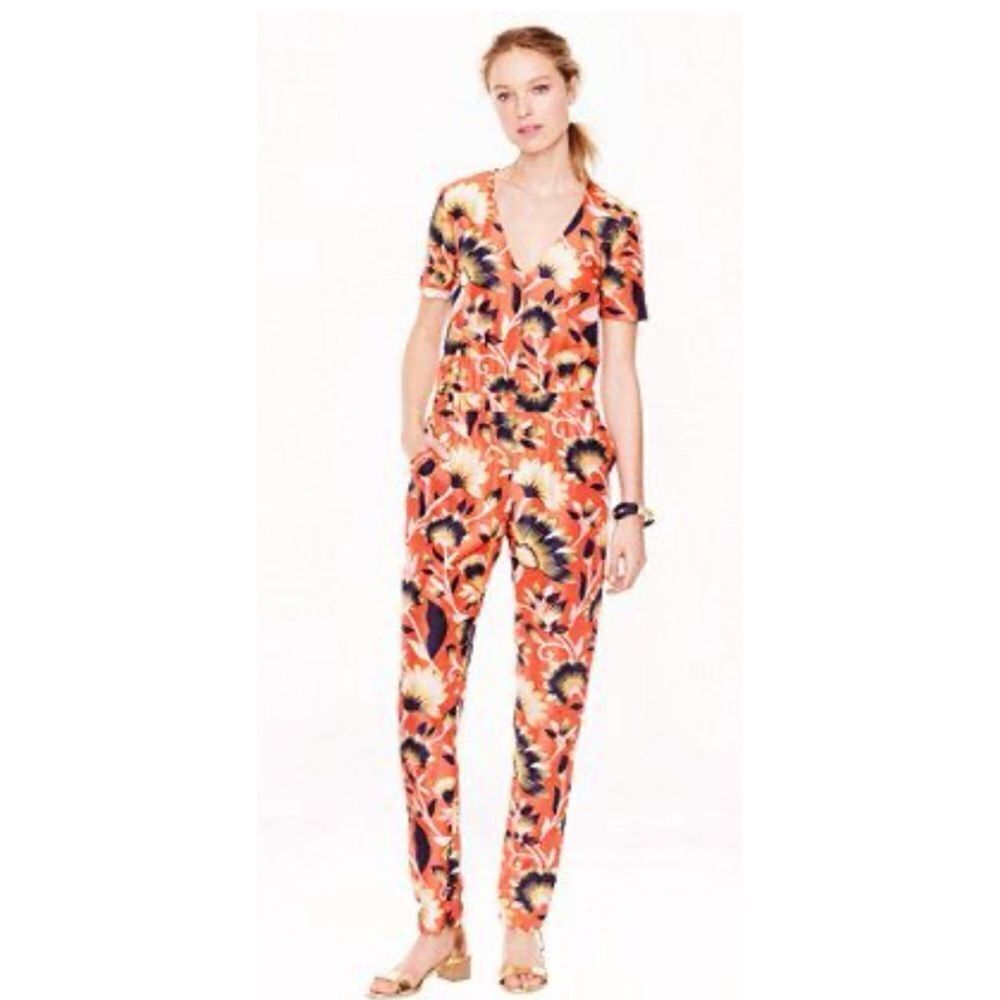 J .Crew Collection Silk Jumpsuit Hibiscus Floral Short Sleeve 4  V-Neck Pockets
